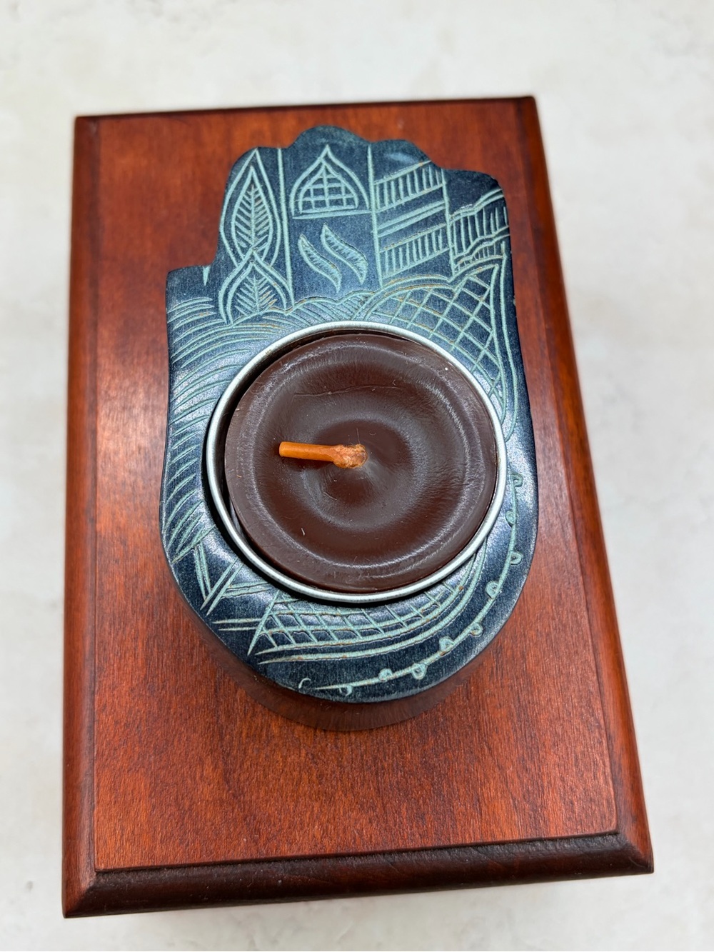 Hand Carved Soapstone Hamsa Hand Tea Light Candle Holder / Divine Protection